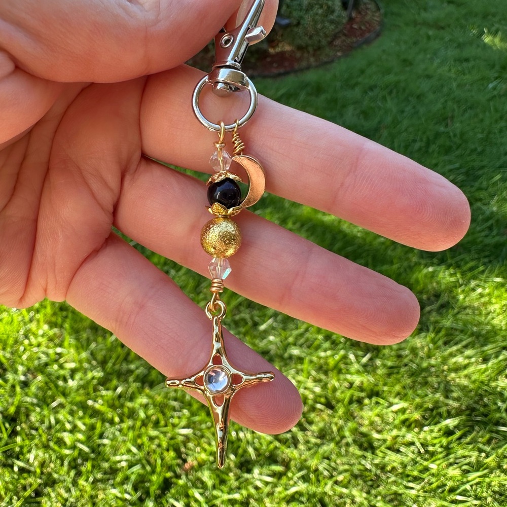 Elegant Gold and Purple Celestial Keychain Accessory Vintage 90s Tigers Eye New